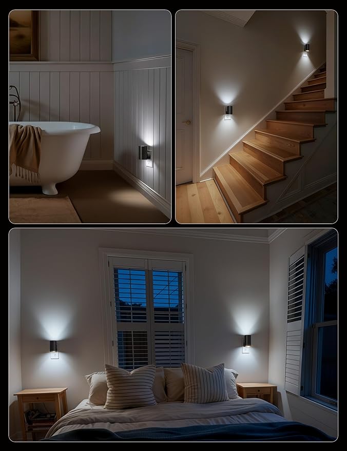 Brightown 2 Pack Black Night Lights Plug into Wall, Modern Night Light with Rotating Plug, Dusk to Dawn Sensor, 0-100LM Stepless Dimming Aora Night Light for Hallway Bedroom Bathroom, Pure White