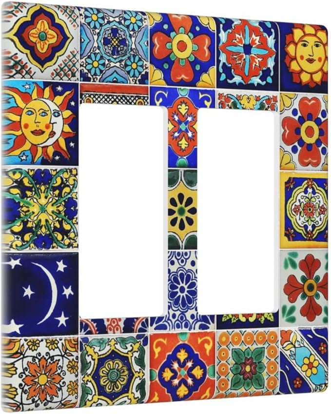 Traditional Colorful Talavera Mexican Spanish Moroccan Tiles Double Rocker Light Switch Cover 2 Gang Wall Plate Covers Decorative Electrical GFCI Outlet Plates for Home Bathroom Kitchen Decor