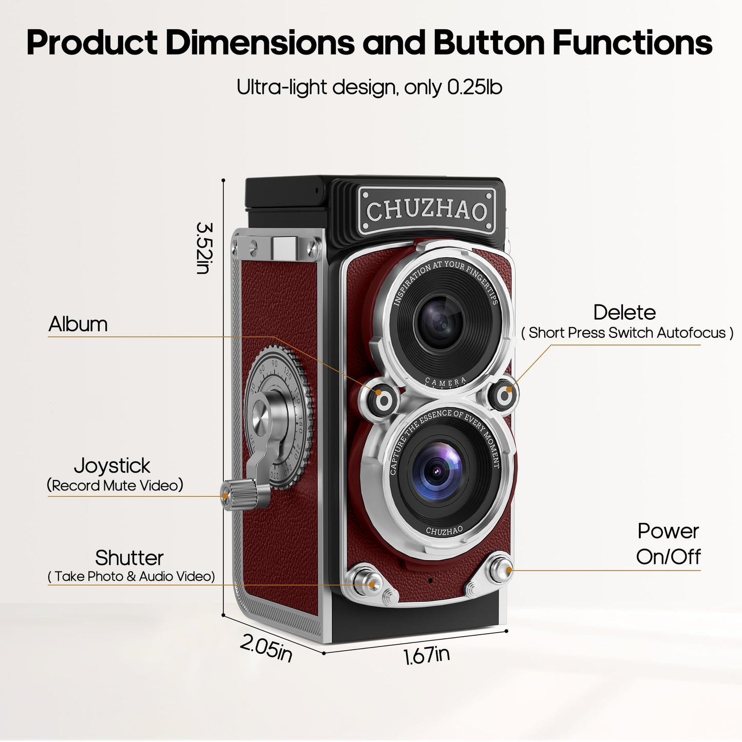 CHUZHAO Mini Retro Digital Camera - Vintage TLR Style Point and Shoot Auto Focus Vlogging Camera, Compact & Portable, 16GB Card Included, Ideal for Beginners, Teens, Adults Red
