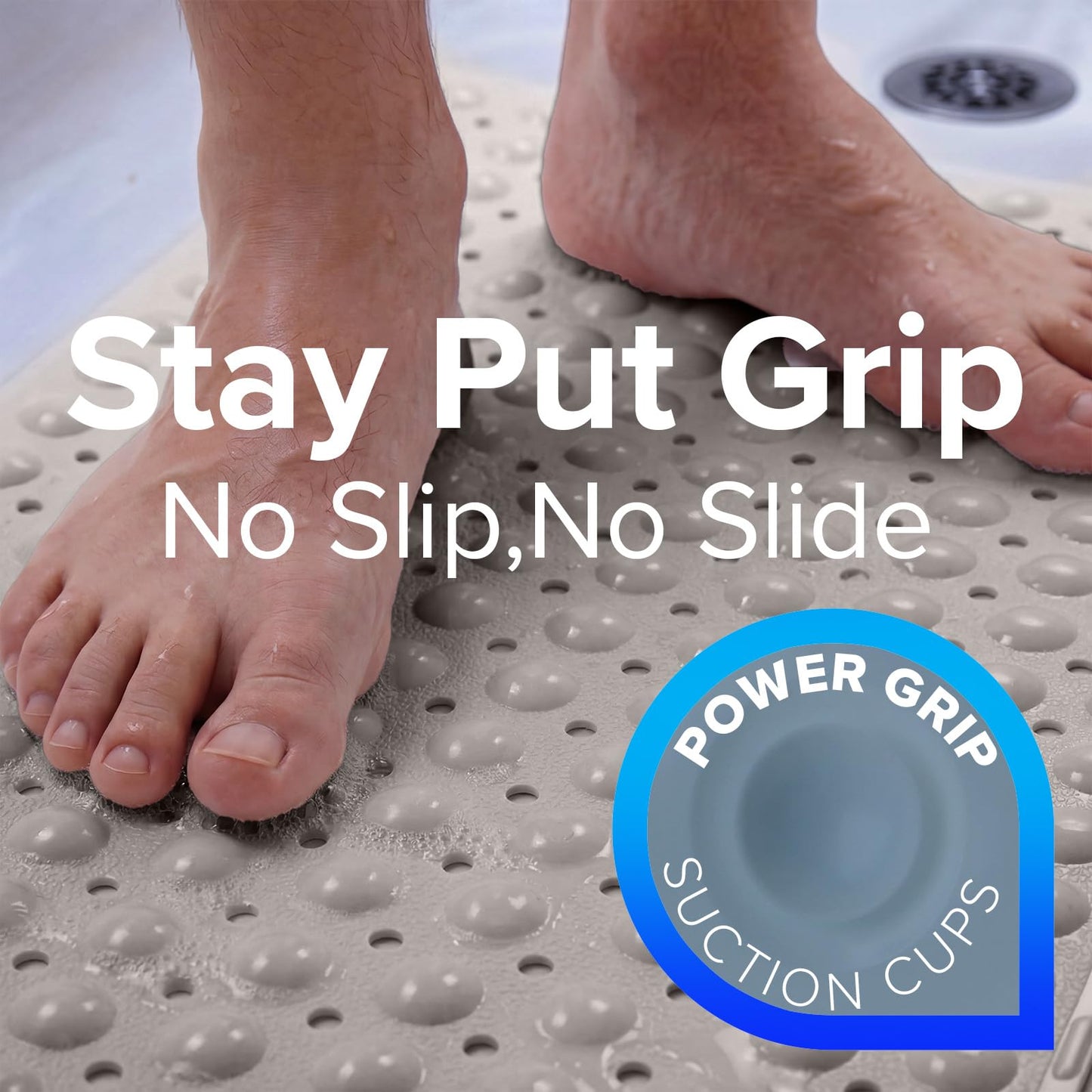 SlipX Solutions Power Grip Extra Long Bath Tub & Shower Mat 39x16, Wet Floor Non-Slip for Elderly & Kids Bathroom, 30% Longer Bathtub Mats, 200 Suction Cups, Drain Holes, Machine Wash, Tan