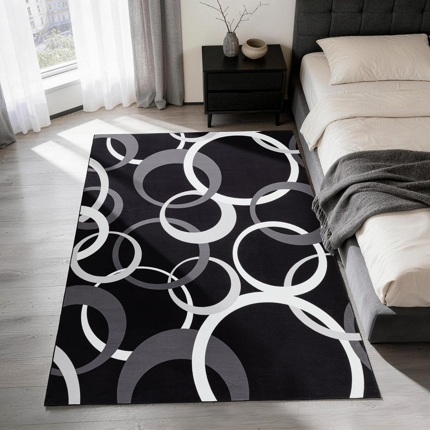 YIHOUSE Washable 5x7 Area Rugs for Living Room, Modern Black and White Rug for Bedroom Non Slip Low Pile, Modern Circle Pattern Carpet for Dining Room Playroom Home Office Decor