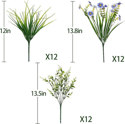 36pcs Faux Plants Outdoor, Uv Resistant Artificial Plants Outdoor Fake Flowers Plants Plastic Greenery Shrubs for Outside Window Box Garden Patio Porch Home Decor (Mixed Blue)