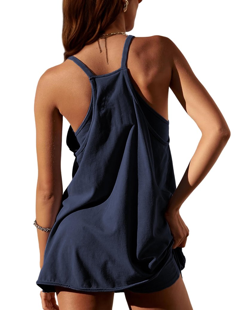 Lentta Womens Athletic Sleeveless Mini Dress with Built-in Shorts V Neck Spaghetti Strap Sundress(DarkBlue-XL)