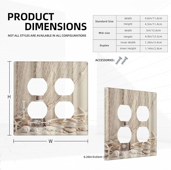 Decorative Light Switch Cover Plate Nautical Coastal Seashell Fishing Net Ocean Lighthouse Starfish 2 Gang Socket Covers Double Duplex Wallplates Switch Plates and Outlet Covers for Bathroom Home