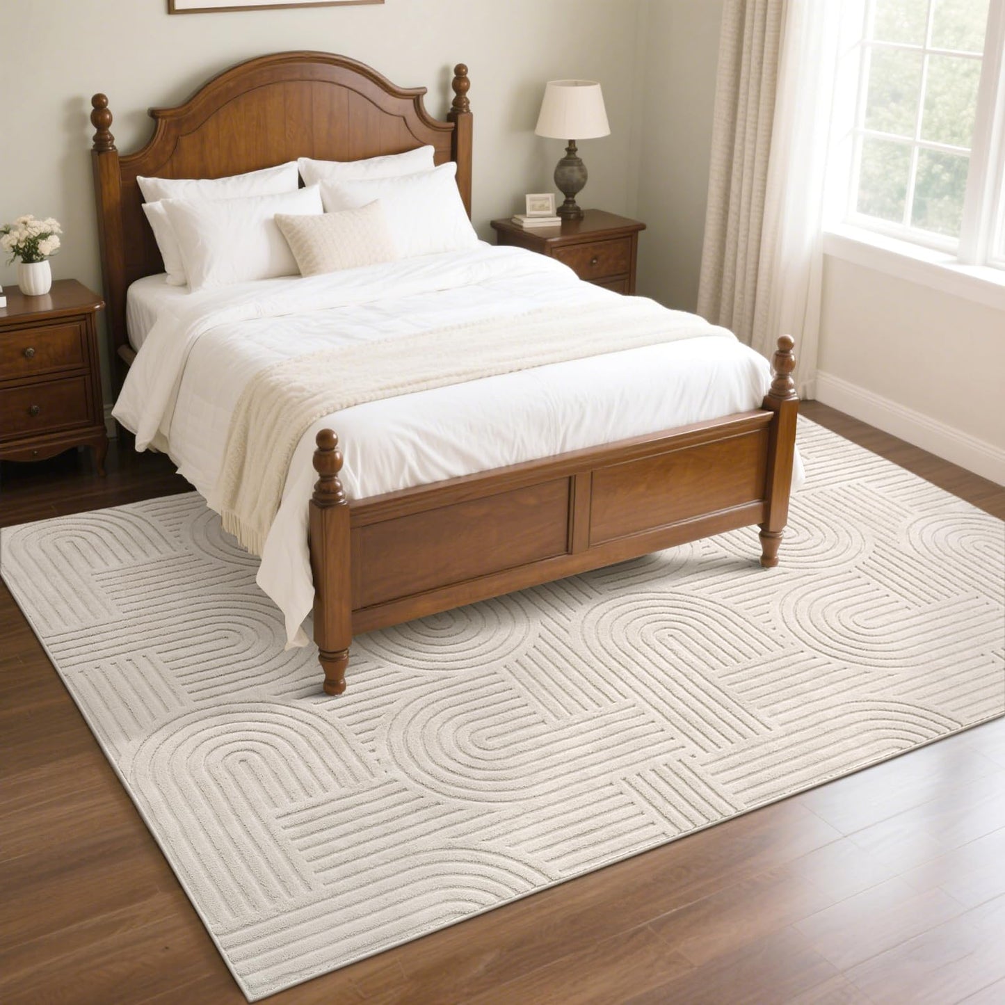 SHACOS Soft Cozy Fluffy Arch Pattern High-Low Pile Textured Area Rug 5'3"x7'3" Non Slip Washable Modern Geometric Rug Stain Resistant Contemporary Carpet for Living Room Bedroom Dining Room, Beige