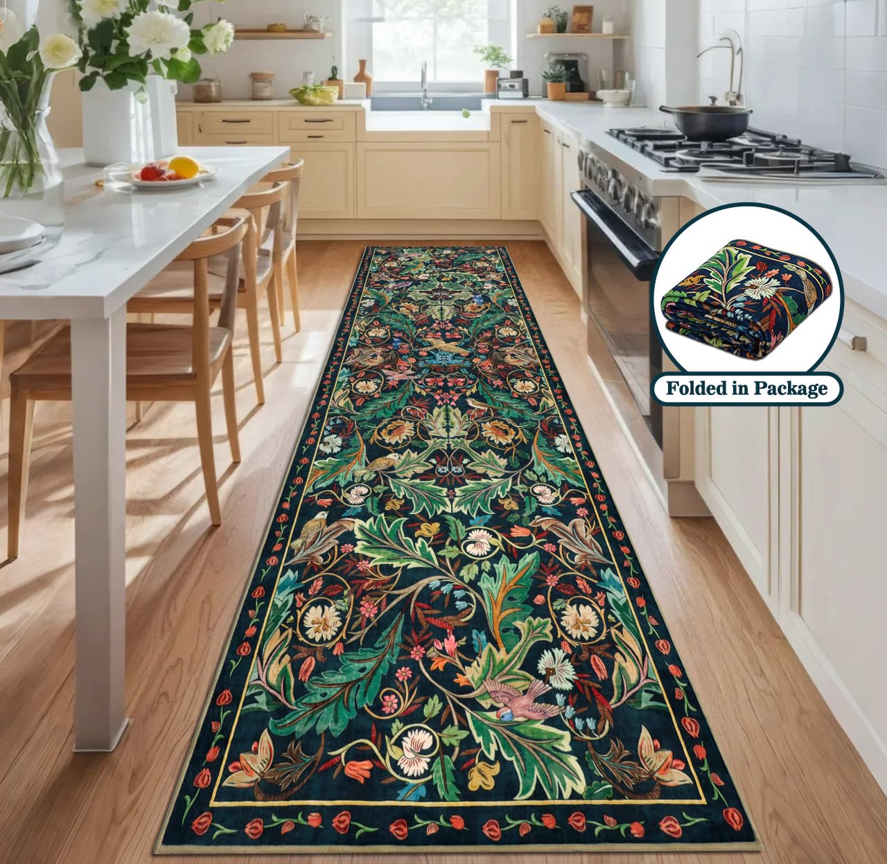 nesrt Boho Washable 3x10 Hallway Runner Rugs, Non Slip Floral Birds Long Kitchen Runners, Soft Jungle Birds Floor Carpet for Entryway, Low Pile Decor Rug for Hall Laundry Bedroom Bathroom (Dark Green)