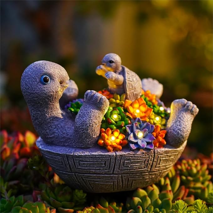 Solar Turtle Figurines Garden Decor, Cute Turtle Statue with Baby with 8 LED Solar Lights Garden Lawn Decorations for Patio & Yard, Gifts for Mom