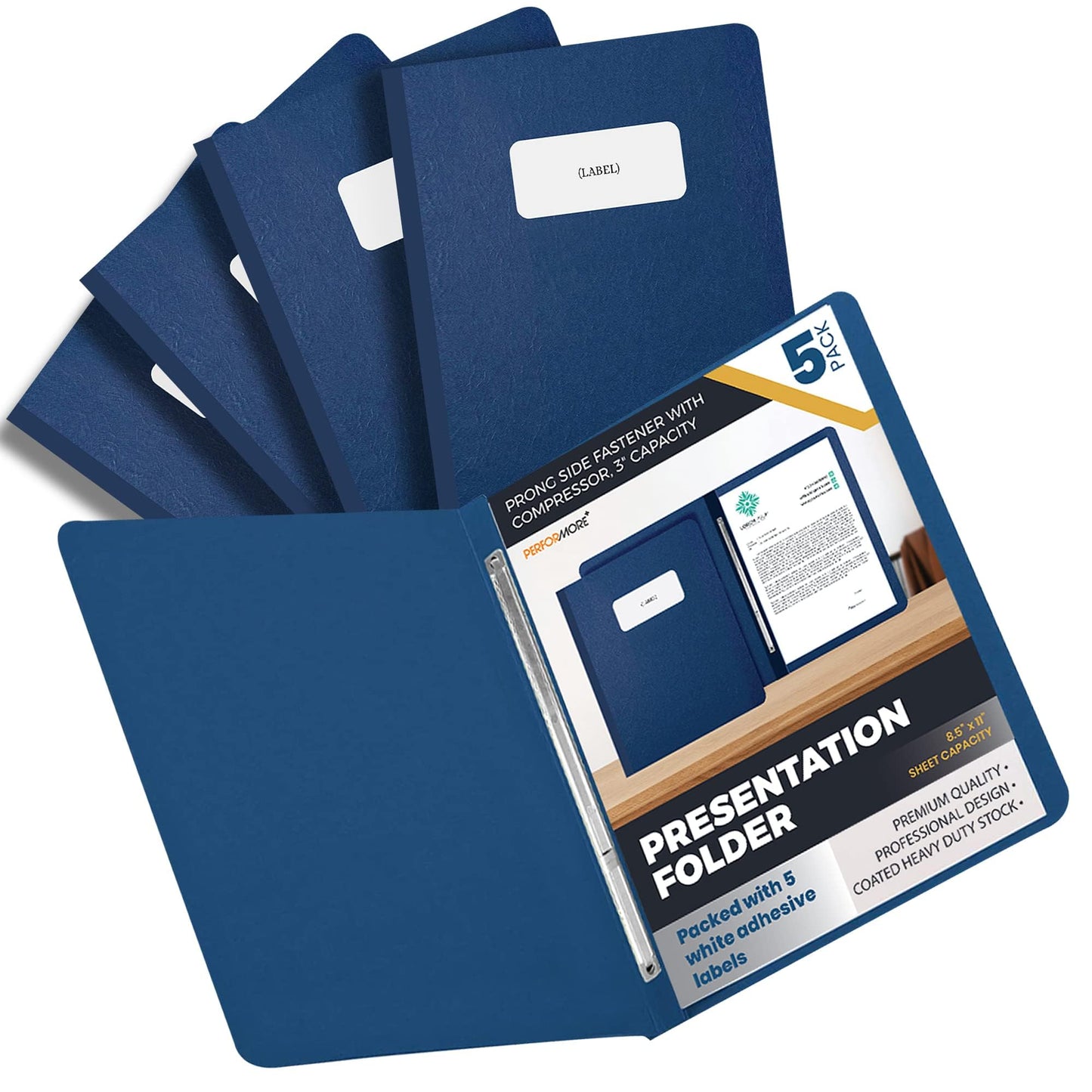5 Pack of 8.5 ”x11” Pressboard Presentation Binder Folder, Blue Fiberboard Report Cover with Metal Prong Paper Fastener to Neatly Bind Reports, Proposals, Transcripts and Other Documents