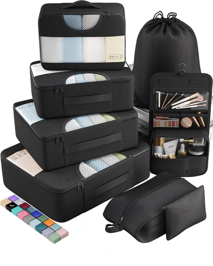 Veken 8 Set Packing Cubes for Travel Essentials, Suitcase Organizer Bags Set for Luggage, Road Trip Travel Accessories in 4 Sizes (Extra Large, Large, Medium, Small), Black