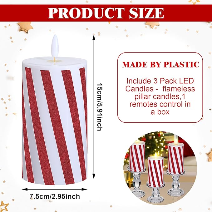 Baquler 3 Pcs Christmas Flameless Candles Candy Cane LED Pillar Candle with Glitter Stripe Red and White Battery Operated Candlestick for Xmas Party Holiday Centerpiece Home Decoration