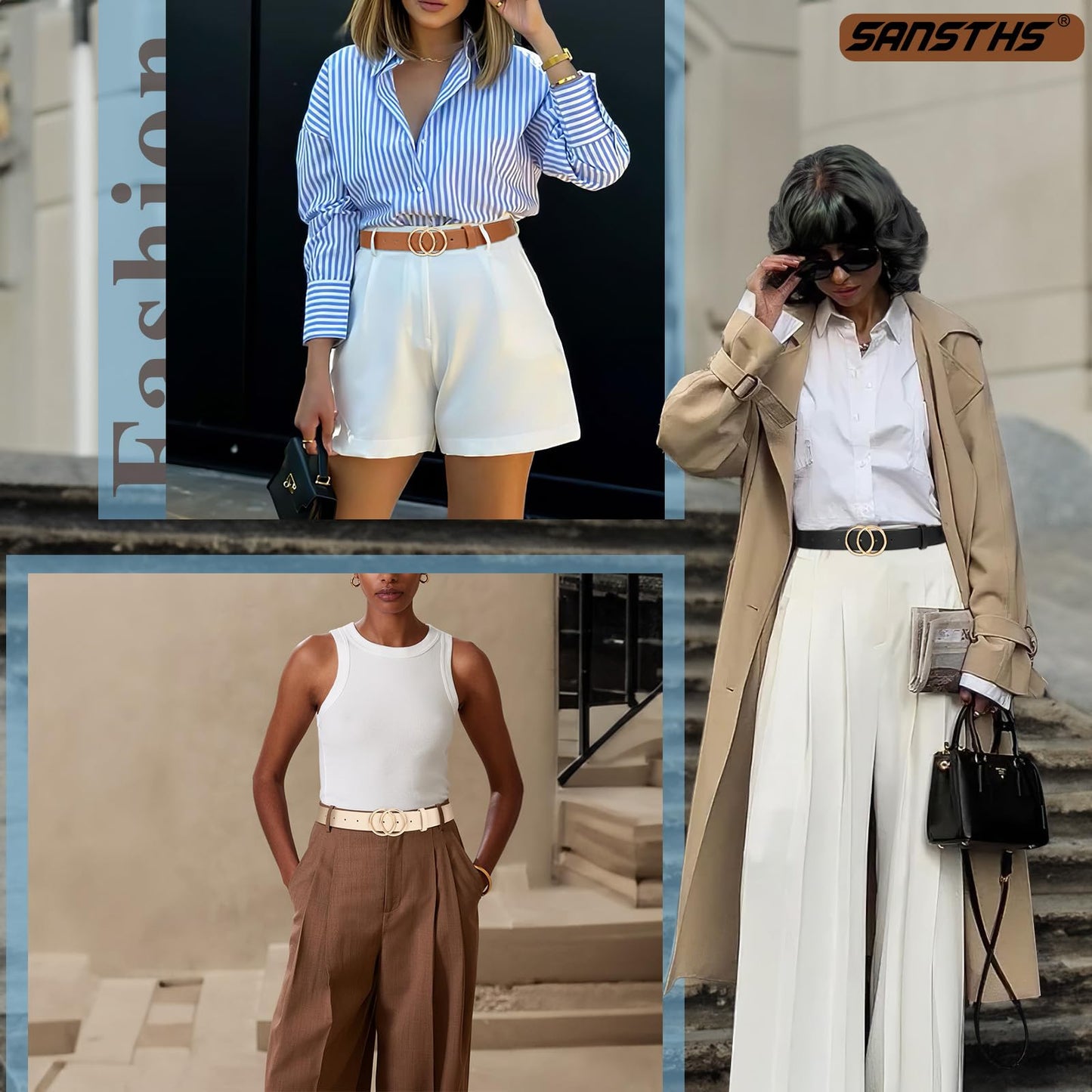 SANSTHS 3 Pack Women Waist Belts for Jeans Pants Dresses, Ladies Belt with Double O-Ring Gold Buckle, Black+Brown+Beige M