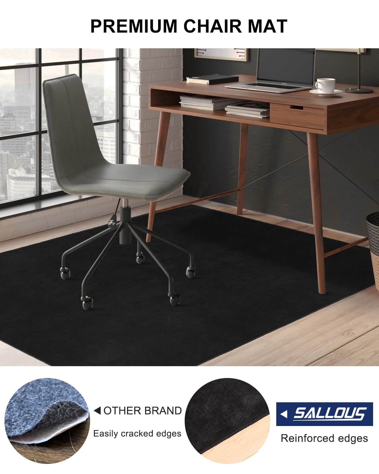 SALLOUS Chair Mat for Hard Floors, 51"x63" Washable Chair Mat Under Desk, Smooth Rolling Desk Chair Mat, Anti Slip Hard Floor Protector, Noise Reducing Desk Rug for Home Office Chair (Black)