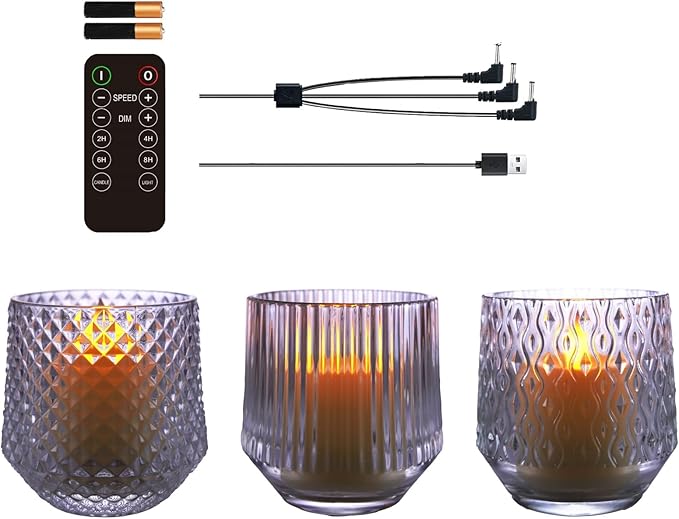 LED Glass Candle Set, Remote Control, USB Rechargeable, 3 Pattern Flickering Flames, Warm White Light
