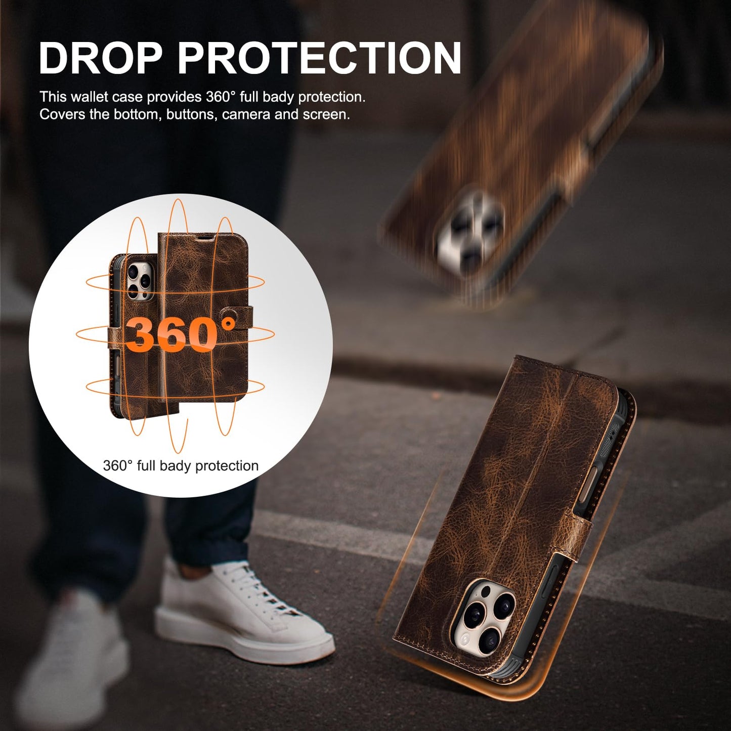 RMAWRAD Leather Case Compatible with iPhone 16 Pro Max Wallet 6.9",Genuine Leather 2in1 Magnetic Detachable Shockproof Kickstand,Flip Folio Cover with Card Slot,Wireless Charging RFID Blocking Brown