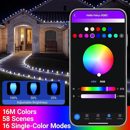 C9 Christmas Lights Outdoor, 82FT 100 LED RGB Color Smooth Changing Bulbs,App Bluetooth Music Sync, DIY Scenes & Timers, IP44 Waterproof Roofline Eaves Porch Fence Decorations