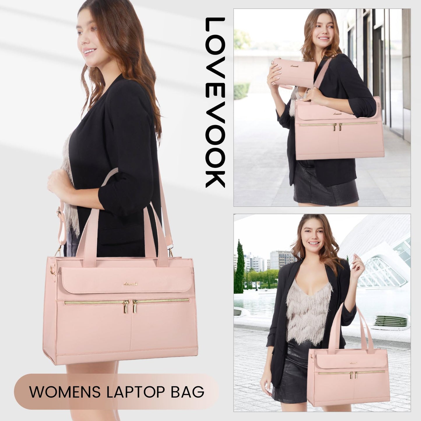 LOVEVOOK Laptop Bag for Women 15.6 Inch Laptop Tote Work Professional Leather Computer Briefcase Waterproof Handbag Shoulder Large Capacity Business Teacher Office Bag Crossbody Purse,Pink