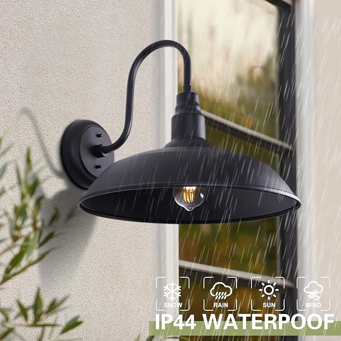 16 Inch Gooseneck Light Fixture for Barn Door, 2 Pack Large Barn Lights for Front Porch, Black Outdoor Farmhouse Light with Goose Neck Arm, Exterior Wall Dome Lighting for House Garage