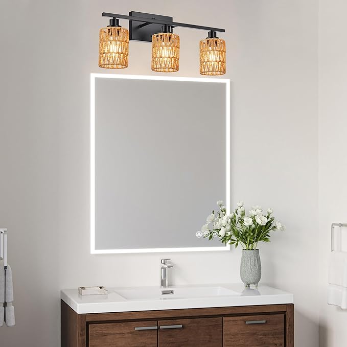 MELUCEE 3 Light Bathroom Vanity Light Rattan Wall Sconce 24 Inches Farmhouse Bathroom Light Fixtures with Rattan Lamp Shade, Black Finish, Suitable for Kitchen Hallway Living Room