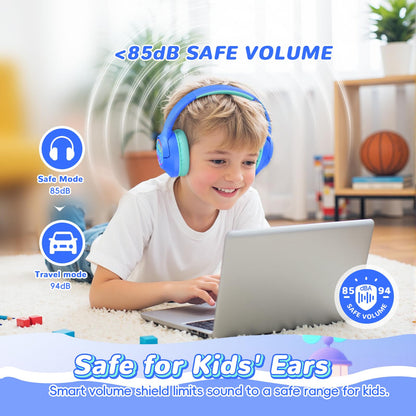 Kids Bluetooth Headphones, 85H Playtime Wireless Headphones for Kids, Colorful LED Lights, 85/94dB Safe Volume Limit, Bluetooth 5.4 Built-in Mic Toddler Headset for Tablet/Airplane/Travel (Blue)