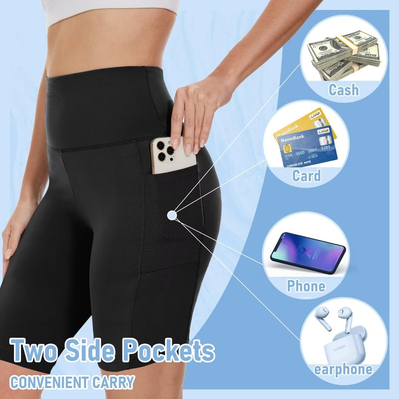 5 Pack Biker Shorts with Pockets for Women - 8" High Waist Spandex Workout Yoga Running Athletic (Black/Grey/Navy/Wine/Olive-Pockets,Plus)