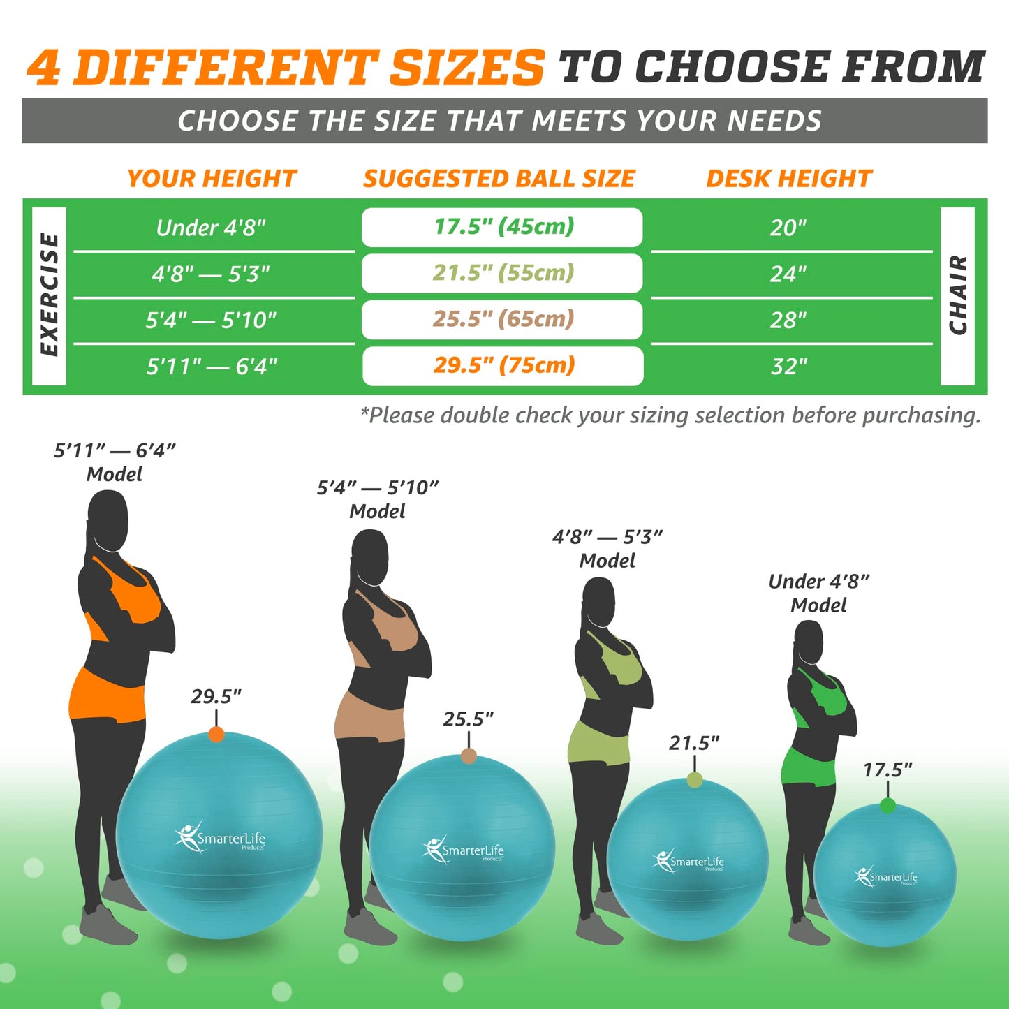 SmarterLife Exercise Ball Yoga Ball for Fitness, Balance, Stability, or Pregnancy, Gym Ball for Core Workout, Physical Therapy, Yoga Ball Chair for Office, Anti-Slip Anti-Burst