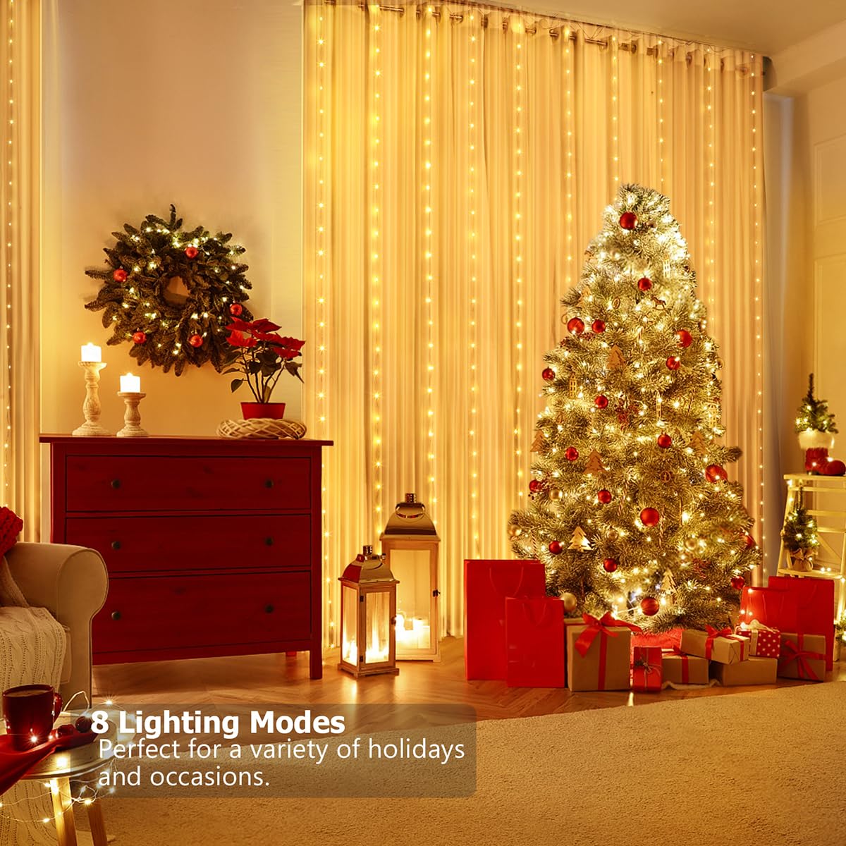 KepStars Curtain Lights 10ft x 10ft, 300 LED Twinkle Fairy String Lights Curtain with Remote & Timer, IP65 Waterproof, USB Powered for Indoor Outdoor Wall Bedroom Backdrop Christmas Decor - Warm White