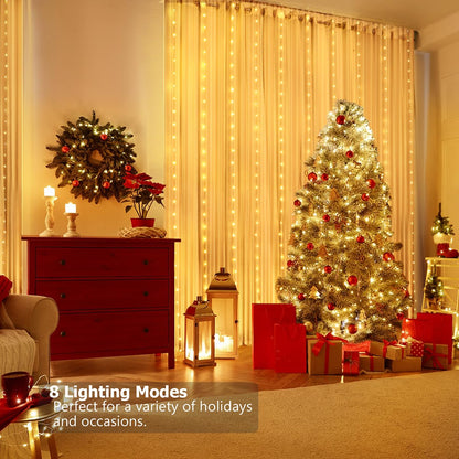 KepStars Curtain Lights 10ft x 10ft, 300 LED Twinkle Fairy String Lights Curtain with Remote & Timer, IP65 Waterproof, USB Powered for Indoor Outdoor Wall Bedroom Backdrop Christmas Decor - Warm White