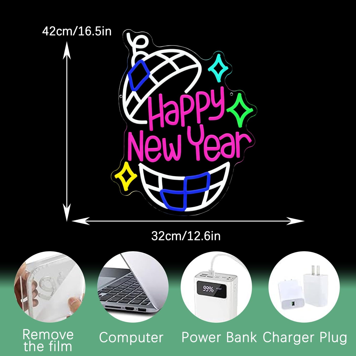 JLEWUINH Happy New Year Neon Sign Led Party Light Sign for New Years Eve Decorations Dimmable USB Spring Festival Neon Light for Christmas Holiday Home Bar(16.5 * 12.6 In)