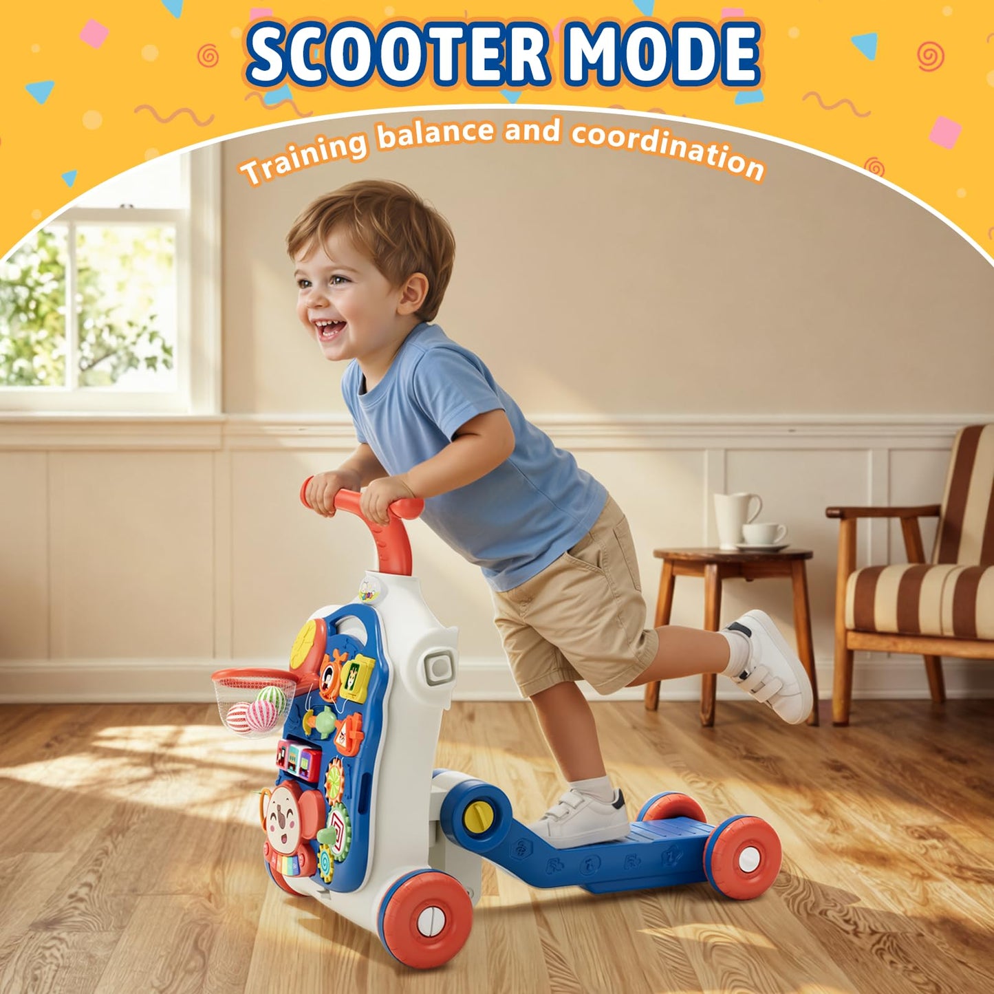 HYES 5 in 1 Baby Push Walker for Baby Boy, Activity Center Learning to Walk, Sit to Stand, Early Learning Push Toys for Infant 12 Months, Walking Toys Gift for Toddler Boys, Blue