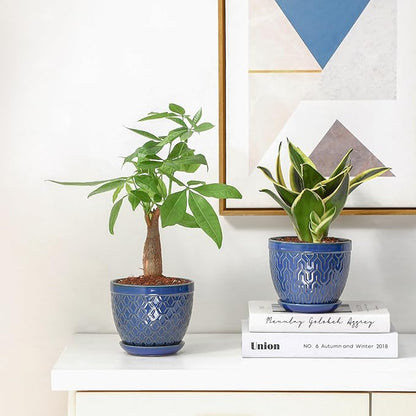 Sureasy Ceramic Indoor Plant Pots - 5.6 Inch Flower Pots for Plants with Drainage Hole and Saucer, Embossed Planter for Succulents, Orchid, Cactus, Indoor Home Decor, Set of 4, Blue