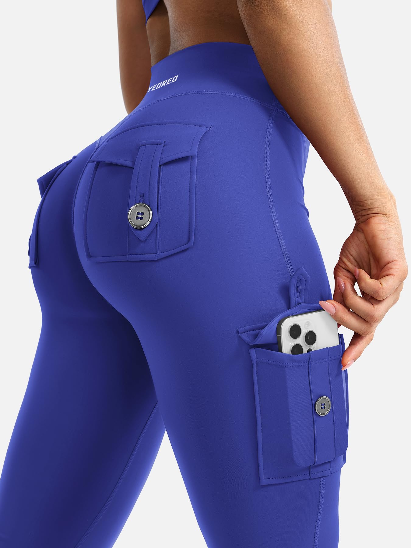 YEOREO CoreFlex Women Workout Flare Leggings with Pockets Scrunch Cargo Gym Yoga Leggings 28" Inseam Dazzling Blue S