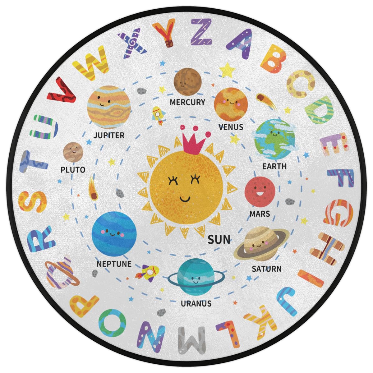 Funky Qiu Round Kids Rug,3 Ft ABC Letter Educational Playroom Rug,Non-Slip Solar System Alphabet Kid Play mat for Classroom Playroom Bedroom Kids Room Decor