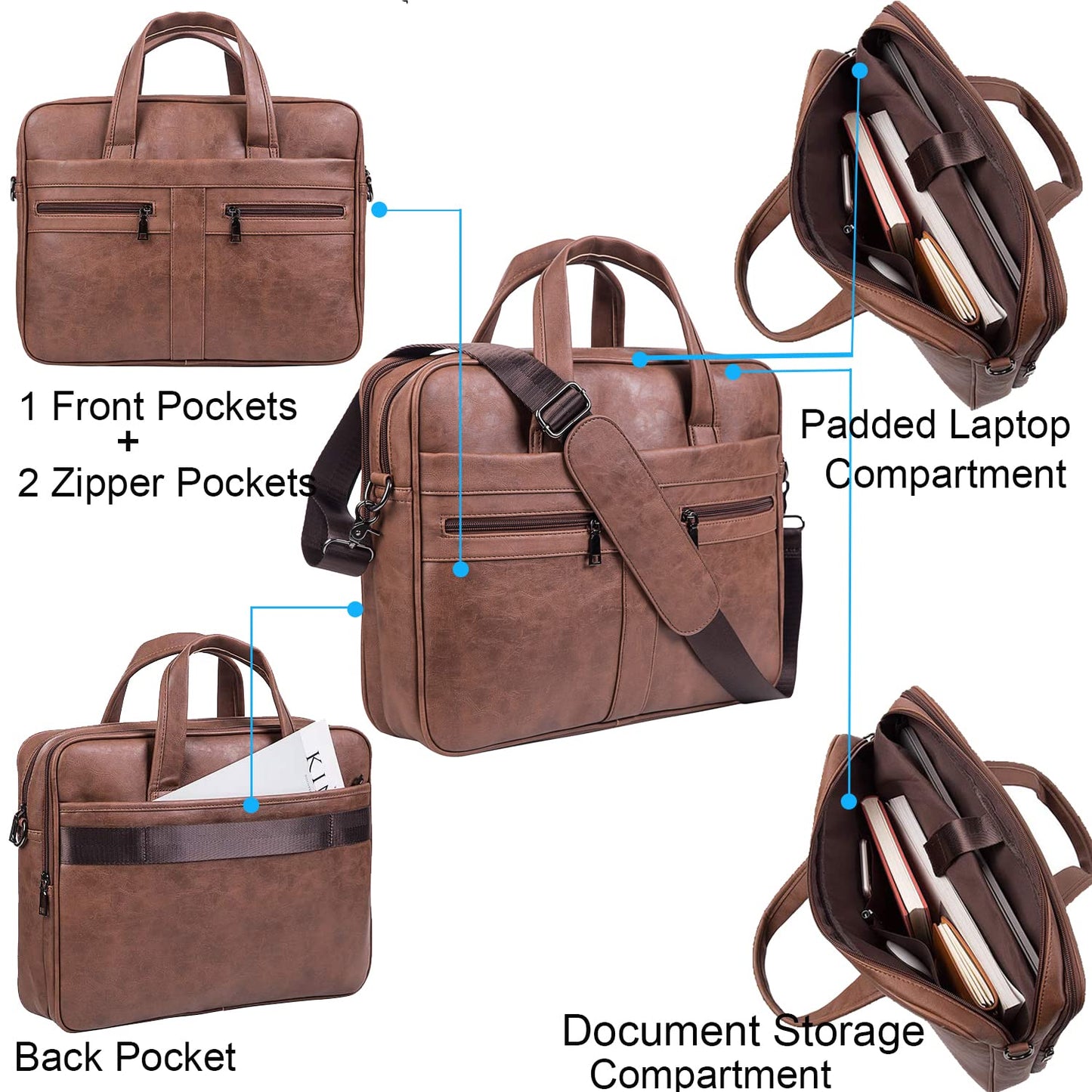 seyfocnia Men's Leather Messenger Bag, 17.3 Inches Laptop Briefcase Business Satchel Computer Handbag Shoulder Bag for Men-Brown