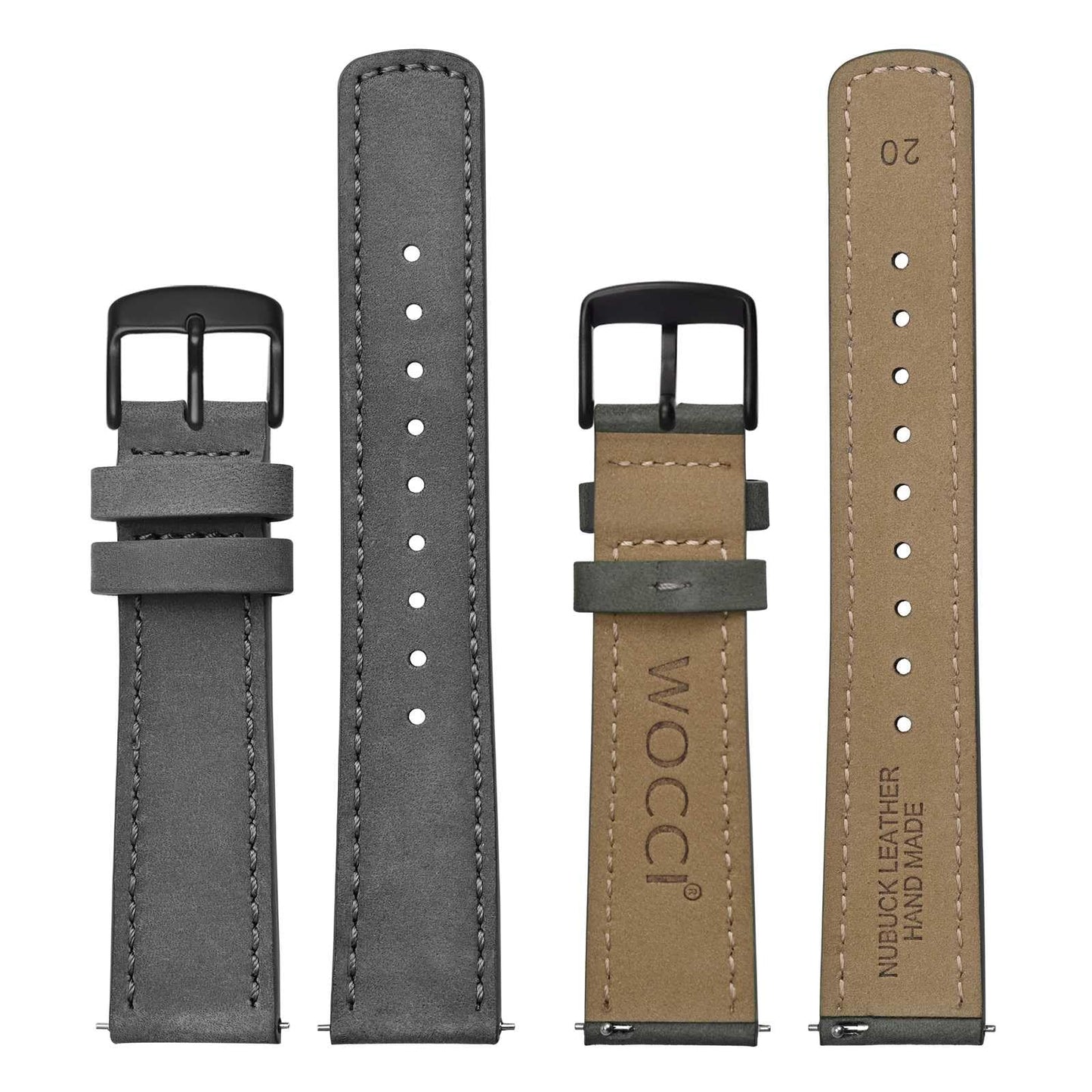 WOCCI 20mm Retro Leather Watch Band for Men and Women, Quick Release Replacement Strap with Black Buckle (Grey)