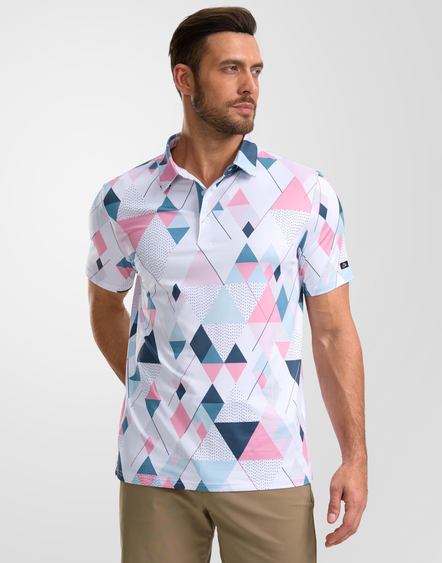 Obla Mens Golf Polo Shirts Short Sleeve Dry Fit Performance Moisture Wicking Casual Print Collared Golf Shirts for Men(White Pink Geometry_4XL)