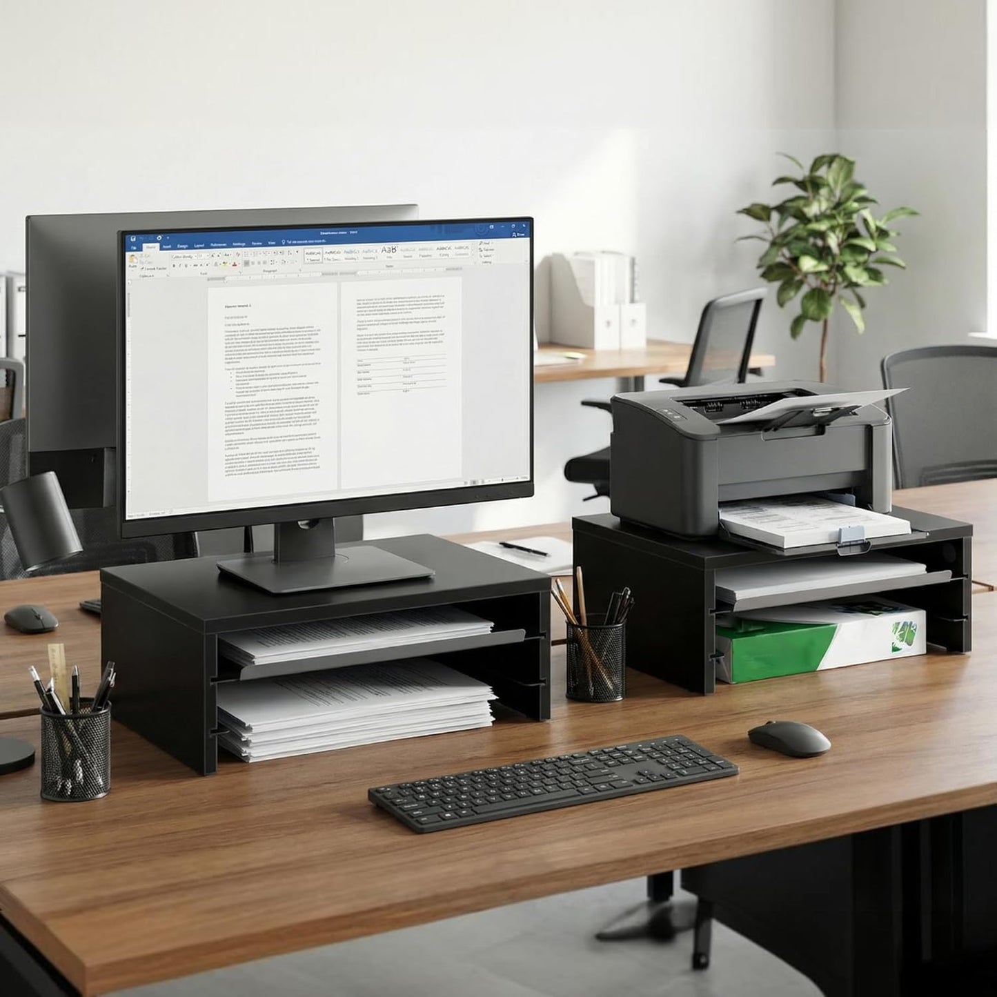 Fenge Monitor Stand, 3-Tier Monitor Riser with Slide-Out Tray, Wooden and Metal Desktop Organizer for Home Office, Computer, Laptop, Printer, Telephone