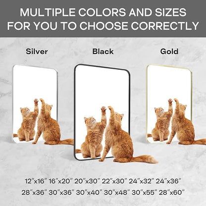 Brushed Nickel Bathroom Wall Mirror, Silver Metal Framed Large Rounded Corner Rectangle Mirror, Tempered Glass, Shatter Proof, Hangs Horizontally or Vertically (40" x 30", Silver)