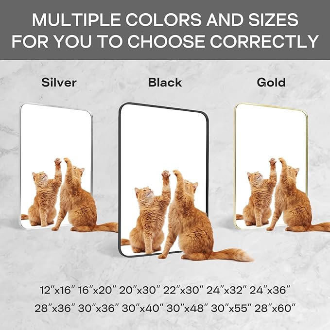 Wall Mount Mirror for Bathroom, Brushed Black Metal Framed Large Rounded Corner Rectangular Vanity Mirror, Anti-Rust, Tempered Glass (30" x 48", Black)
