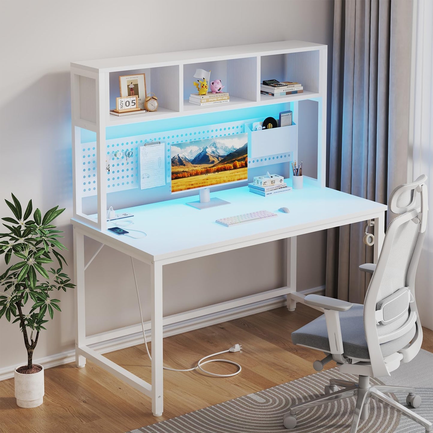 White Gaming Desk with Hutch and Pegboard - Computer Desk with Hutch, Power Outlet, 47 Inch Art Desk with Storage, Hooks, RGB and Side Bag, Writing Modern Study Teen Desks for Girl Bedroom Home Office