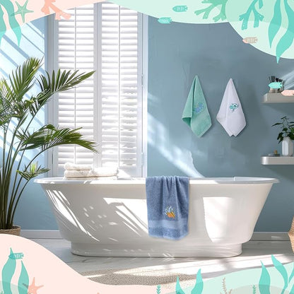 3 Pack Coastal Hand Towels for Bathroom 100% Cotton Embroidered Beach Bathroom