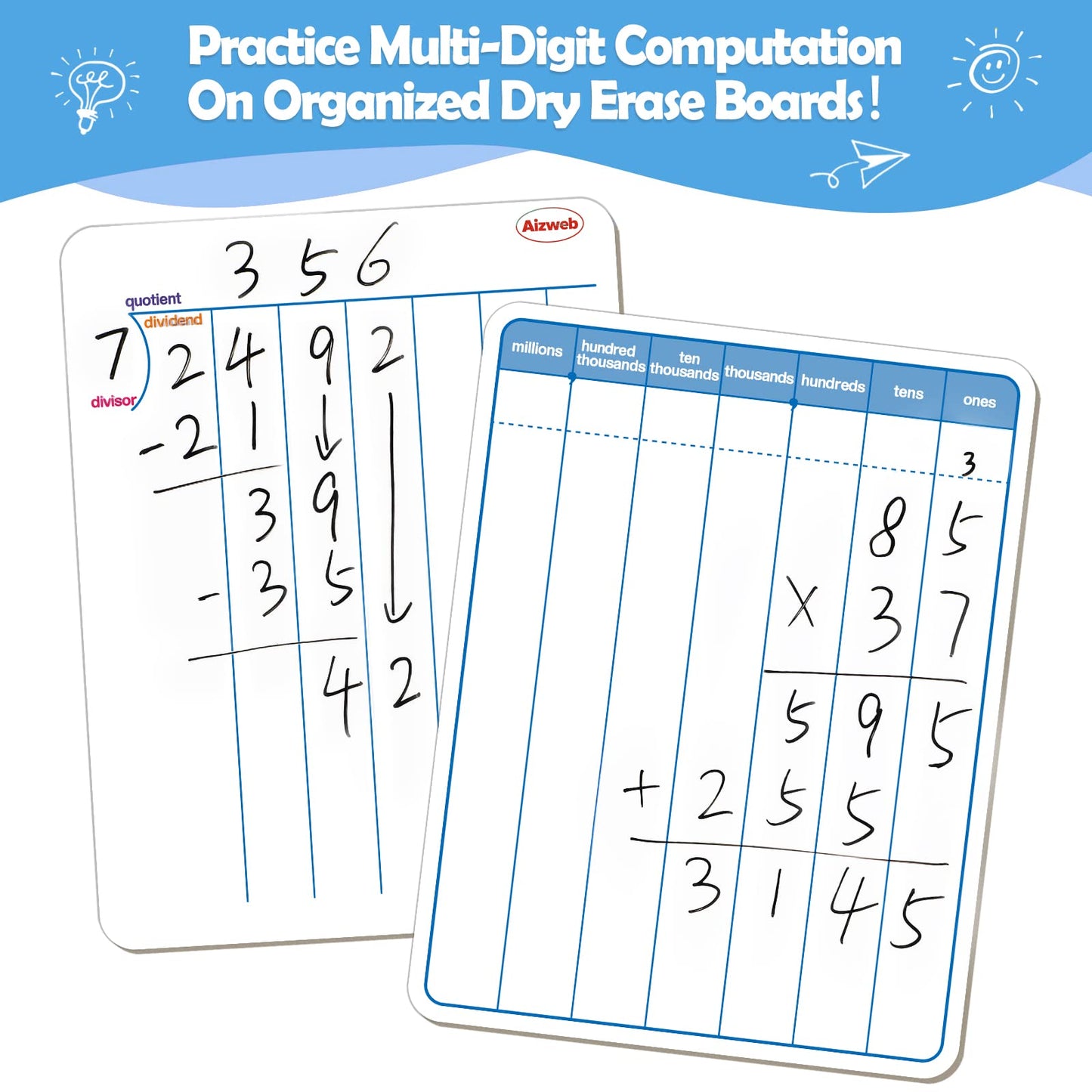 Dry Erase Long Division White Board,9 x 12 Multi-Digit Computation Double-Sided Dry Erase Board,Math Manipulatives Whiteboard for Students,Classroom and Home,Small White Board(Division)