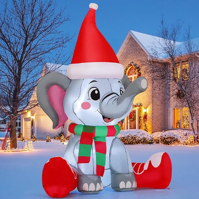 GOOSH 5 FT Christmas Inflatable Elephant Outdoor Decorations Blow Up Yard Wearing a Santa Hat with Built-in LEDs for Garden Lawn Indoor Party Decor