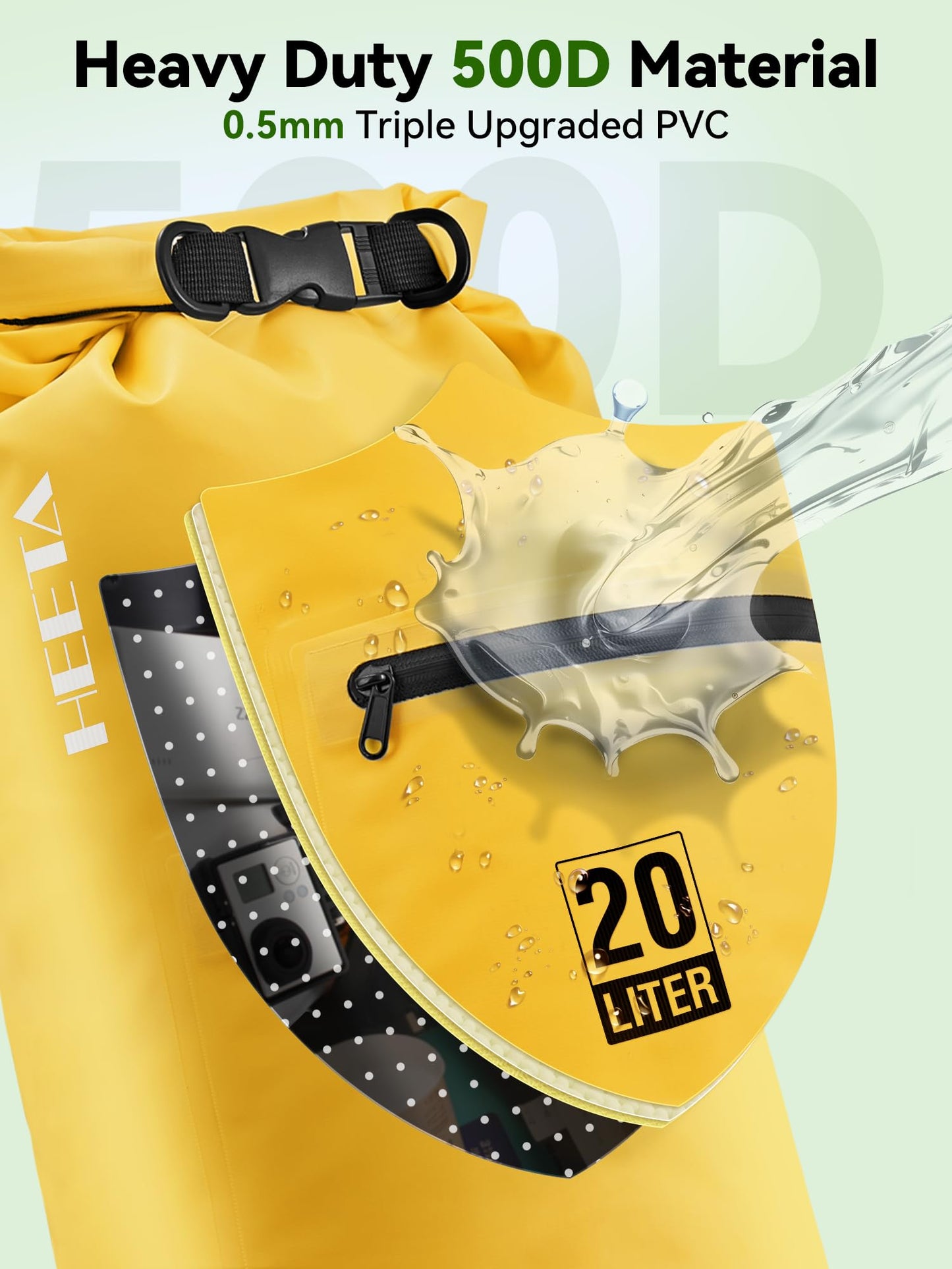 HEETA Waterproof Dry Bag with Front Zippered Pocket for Women Men, Roll Top Lightweight Dry Storage Bag Backpack for Travel, Kayaking, Boating, Rafting, Camping, Hiking & Beach (Yellow, 5L)