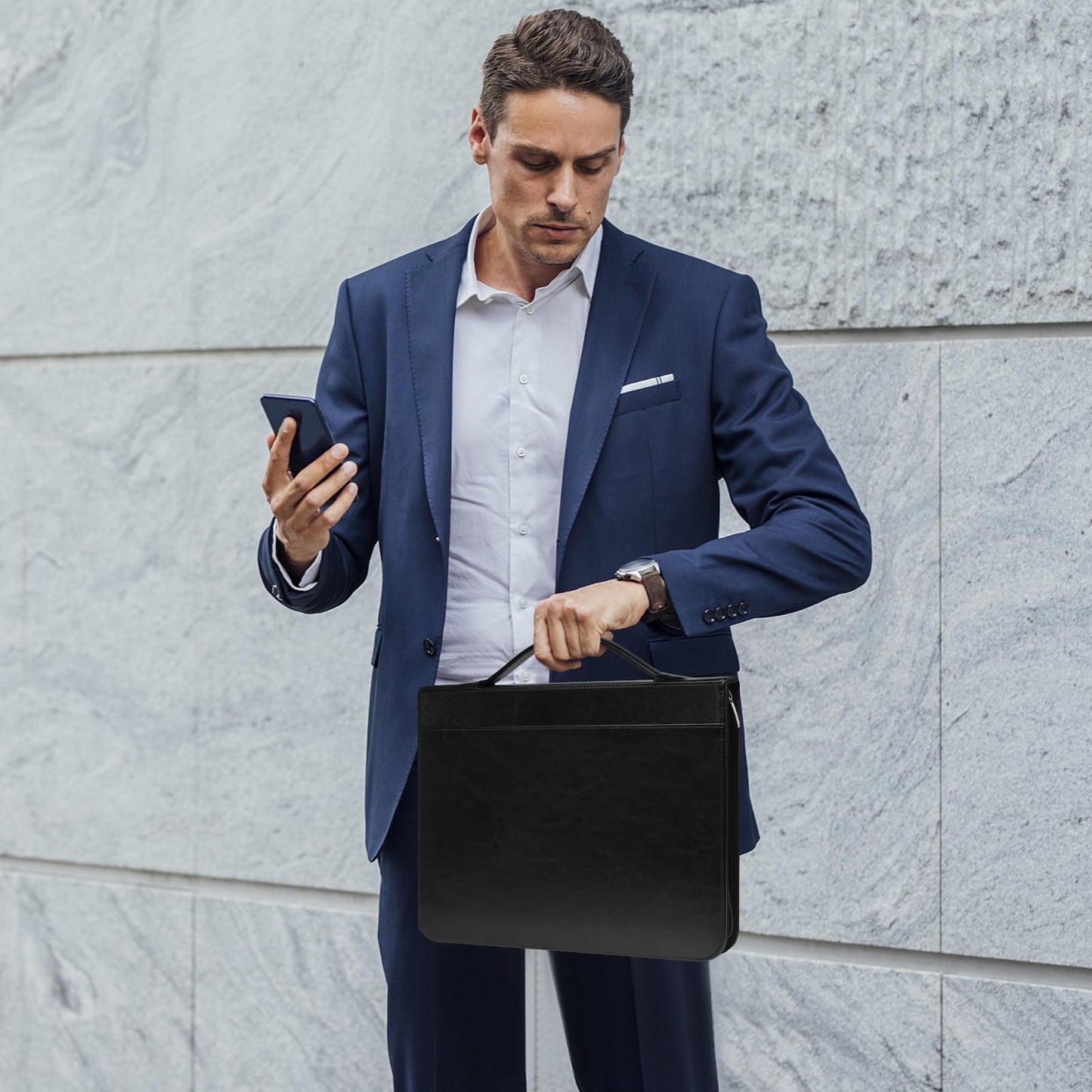 Padfolio Portfolio Organizer Binder with Zipper and Hidden Handle, PU Leather Portfolio Folder for Documents, Business Card Holder, Notepad Padfolio for Men&Women (Black)