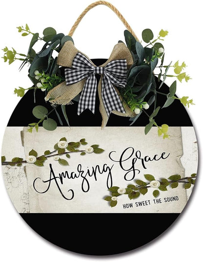 Amazing Grace Front Door Sign Funny Wreaths Hanging Wooden Plaque Decoration Round Rustic Wood Farmhouse Porch Decor for Home Front Door Decor, 12 x 12 Inch
