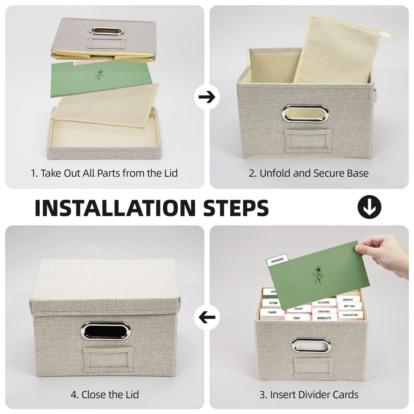 Hiwhy Greeting Card Storage Box, Linen Storage Box with 16 Adjustable Dividers, 84 Labels, 1 Marker Pen, Perfect for Organizing Greeting Cards, Envelopes, Photos 1 Pack Beige