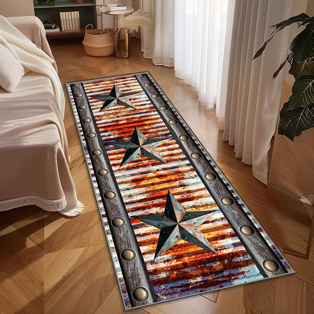 Western Texas Star Rug,2x6ft,Vintage Style Stars Rustic Rug,Distressed Vintage Rusty Look Floor Mat Rugs,Non-Slip Soft Washable Farmhouse Hallway Carpet,for Entryway Kitchen Laundry Room