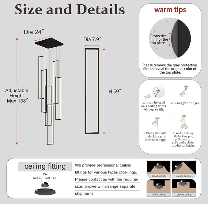 Flashing God Modern Chandelier,Black Chandeliers with 6 Ring Led Foyer Chandelier,Larger High Ceiling Chandeliers for Living Room,Rectangle Chandelier for Entryway Staircase LED Dimming 2700k-6001k
