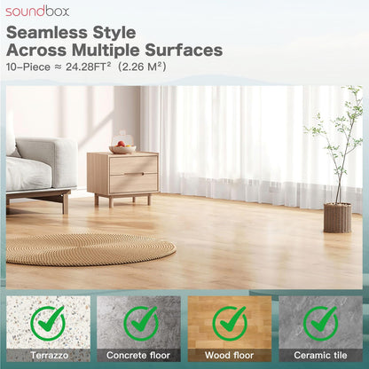 Soundbox Noise Reducing Floor Mats 10PCS, Quiet Wood Grain Vinyl Floor Tiles 48x7.3 Inch, Waterproof Anti-Slip Floor Covering,Easy Lay Installation for Bedroom, Living Room