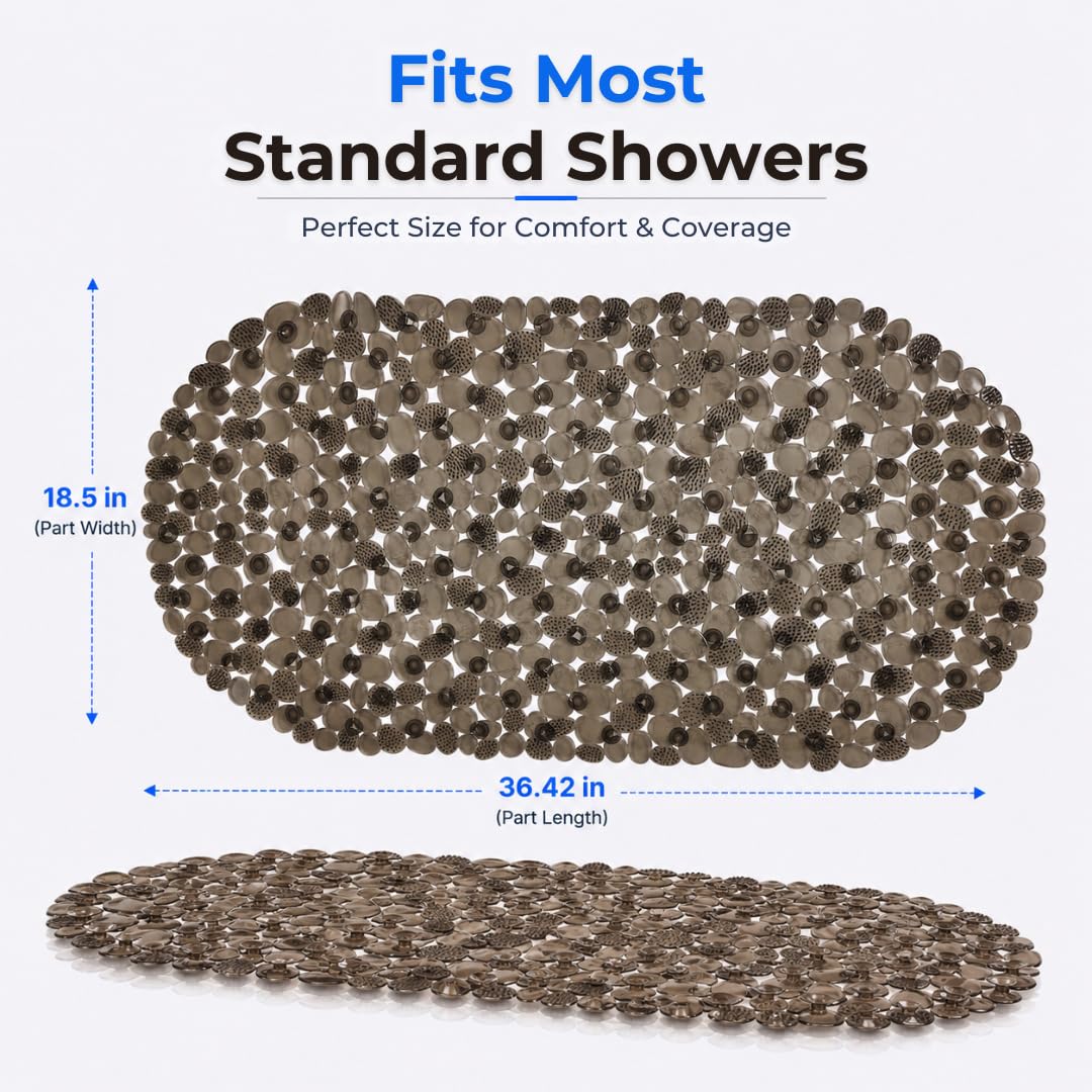 Bath Bliss Non-Slip Pebble Bathtub Mat 18x36 Oval Smoke Color | Suction Cup Shower Mat with Drain Holes | Machine Washable Anti-Slip Tub Mat